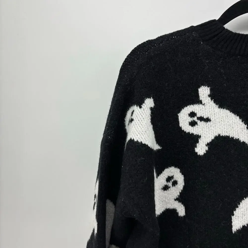 Vince Camuto Womens Medium Black White Ghost Halloween Sweater - Picture 8 of 16
